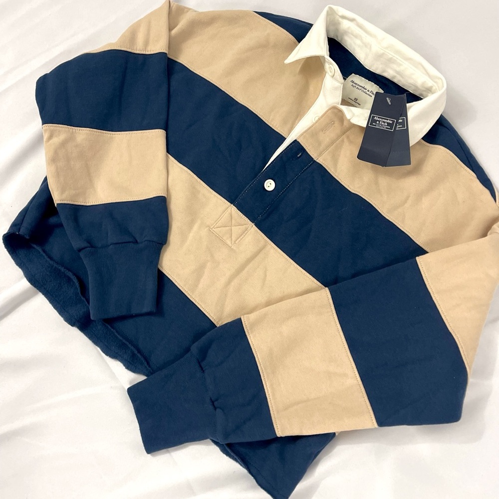 NWT Abercrombie & Fitch Navy Blue and Tan Striped Rugby Top